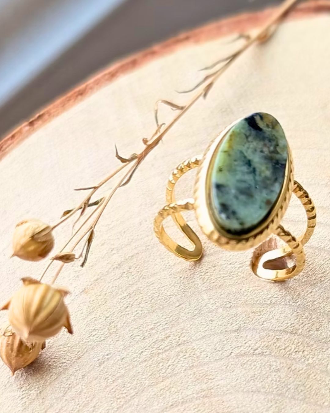 Bague Ajustable Greta - Pierres Naturelles & Acier Inoxydable Doré