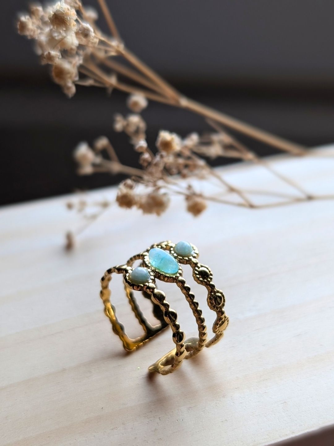 Bague Ajustable Beth -  Acier Inoxydable Doré & Pierres Naturelles