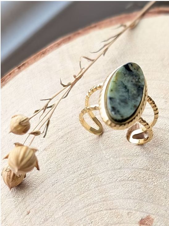 Bague Ajustable Greta - Acier Inoxydable Doré & Pierres Naturelles