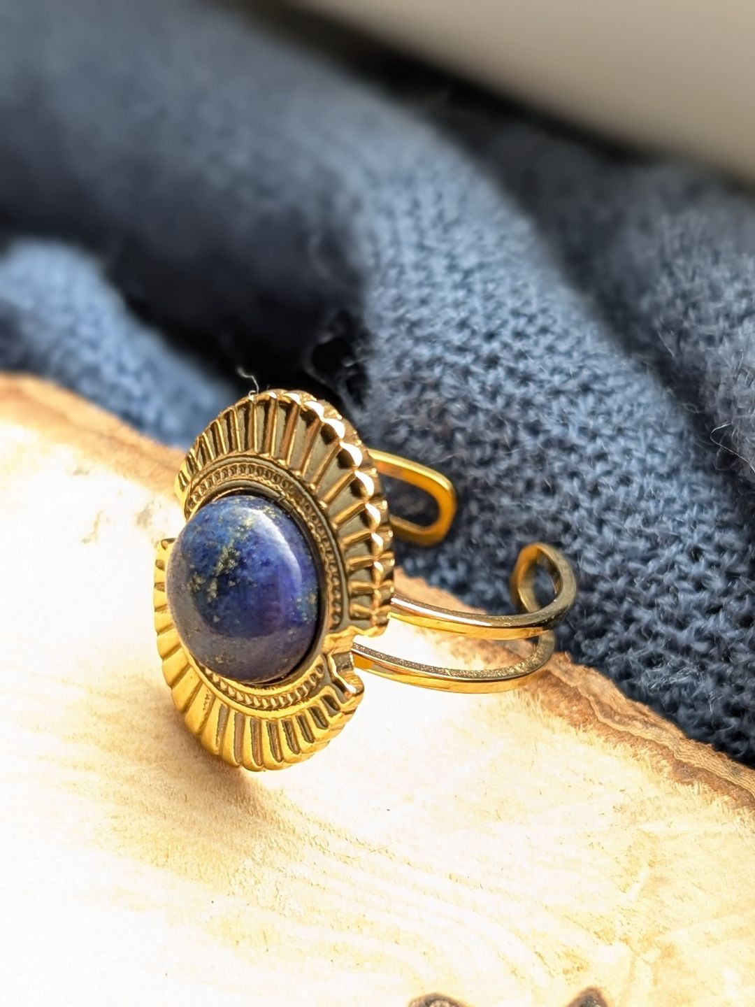 Bague Ajustable Neela - Acier Inoxydable Doré & Pierres Naturelles