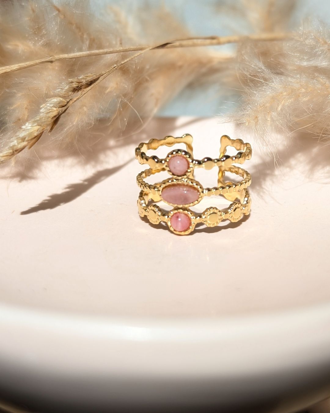 Bague Ajustable Beth -  Acier Inoxydable Doré & Pierres Naturelles