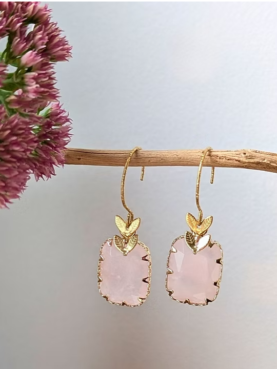Boucles d'Oreilles Irina — Pendants Serti Feuillage et Pierre Naturelle Facettée en Acier Inoxydable Doré