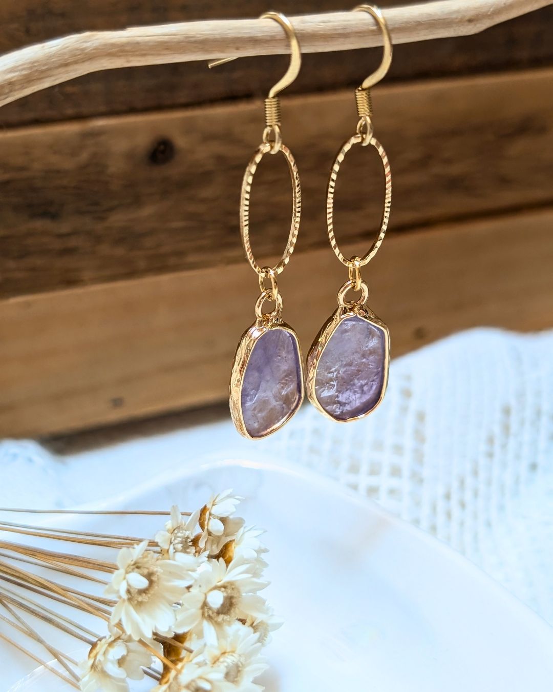 Boucles d'oreilles Margareth — Acier Inoxydable Doré et Pierres Naturelles