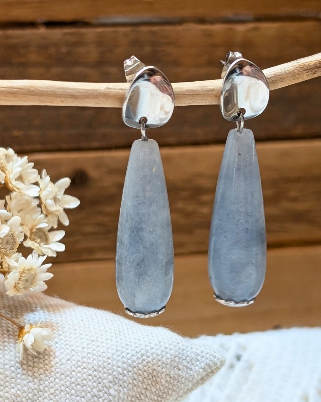 Boucles d'Oreilles Meï — Pendants Goutte en Pierres Naturelles et Acier Inoxydable