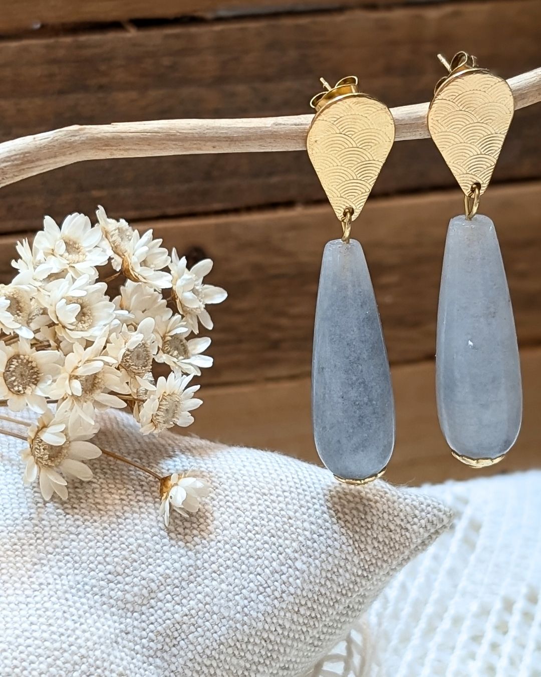 Boucles d'Oreilles Meï — Pendants Goutte en Pierres Naturelles et Acier Inoxydable