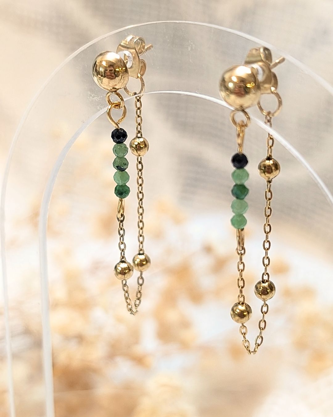 Boucles d'Oreilles Paolita — Puces Puces et Chaînettes Double Rang avec Perles en Pierres Naturelles en Acier Inoxydable
