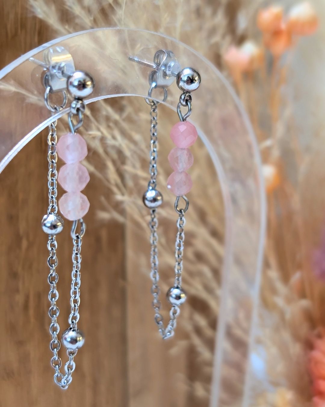 Boucles d'Oreilles Paolita — Puces Puces et Chaînettes Double Rang avec Perles en Pierres Naturelles en Acier Inoxydable