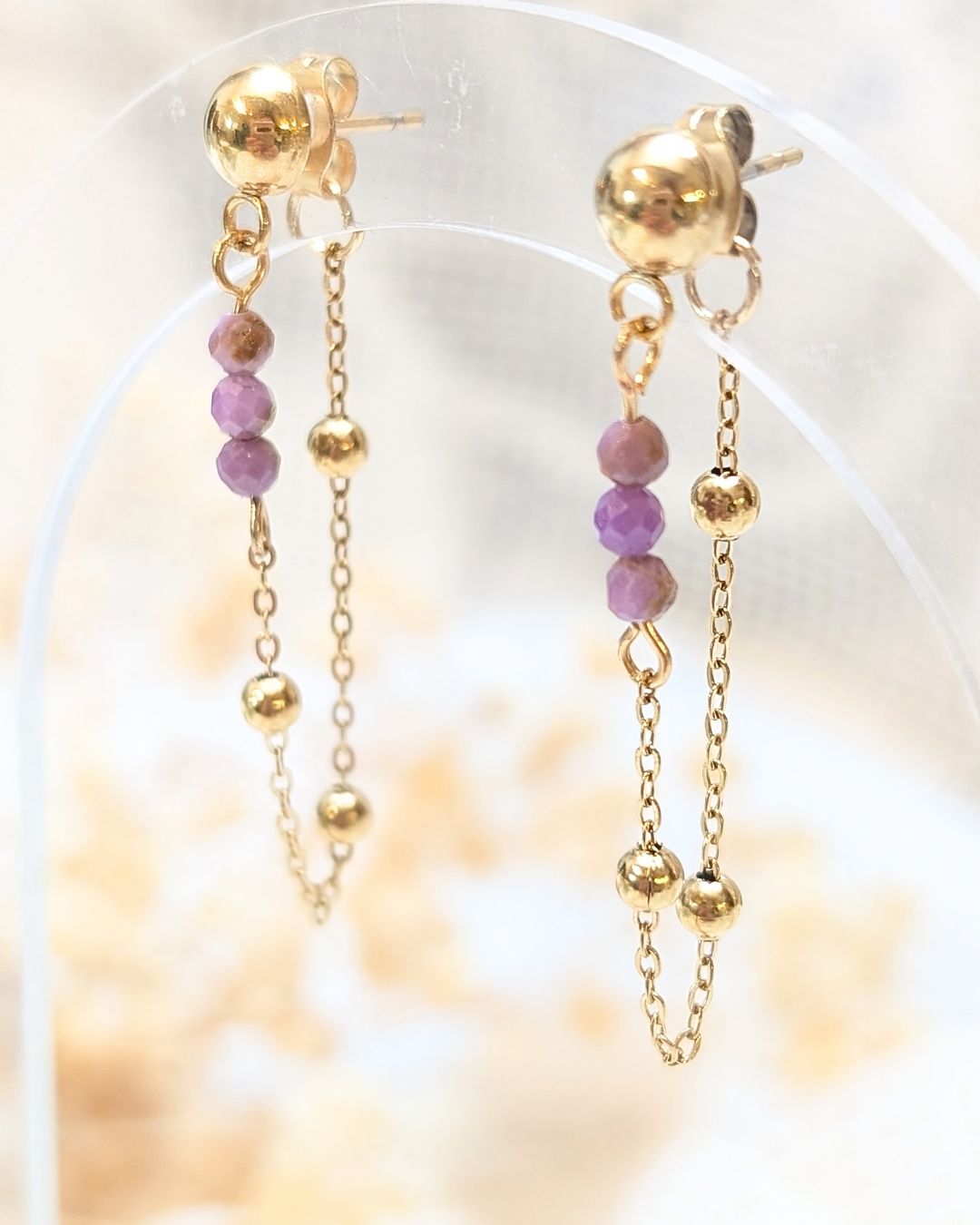 Boucles d'Oreilles Paolita — Puces Puces et Chaînettes Double Rang avec Perles en Pierres Naturelles en Acier Inoxydable
