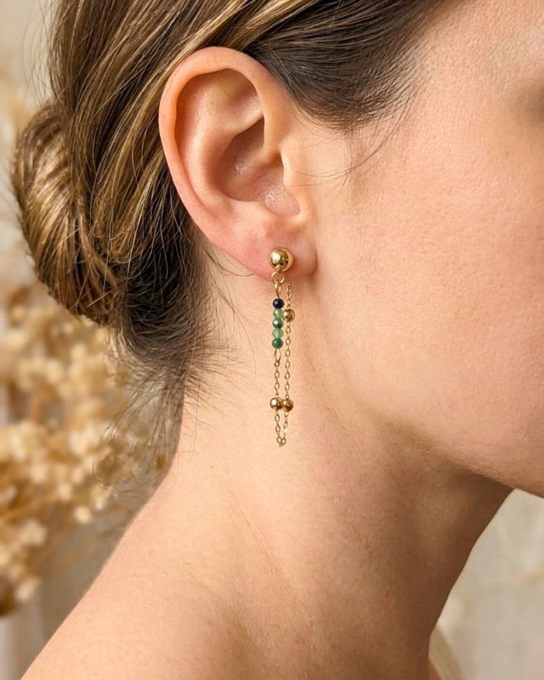 Boucles d'Oreilles Paolita — Puces Puces et Chaînettes Double Rang avec Perles en Pierres Naturelles en Acier Inoxydable