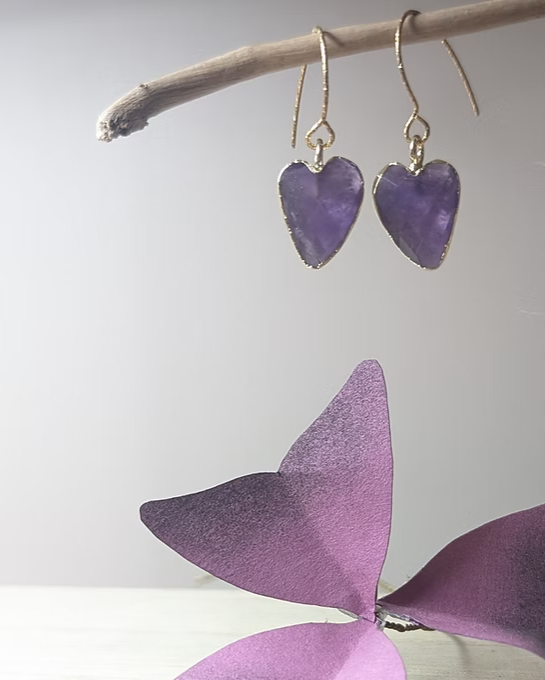 Boucles d'Oreilles Ina  - Pendants en Acier Inoxydable Doré & Cœur Pierres Naturelles