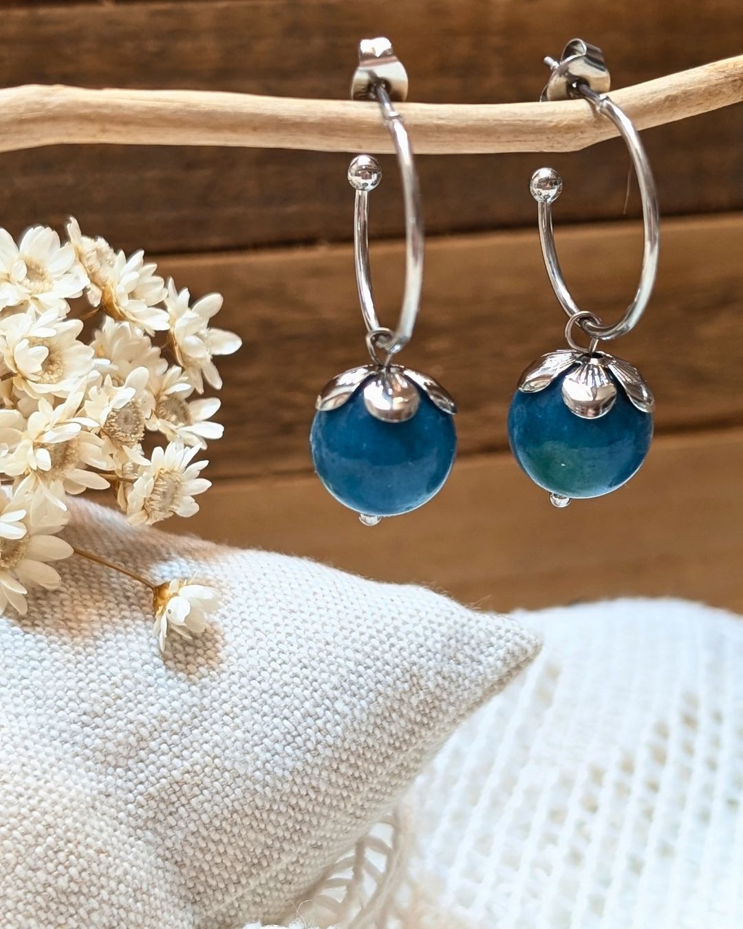 Boucles d'oreilles Béryl - Créoles en acier inoxydable et pierres naturelles