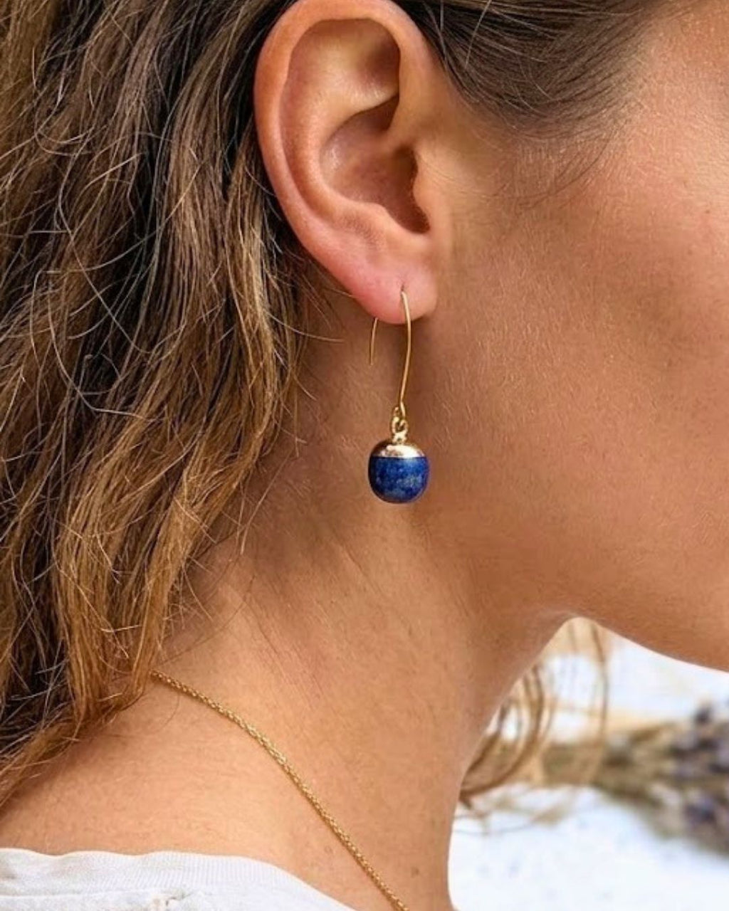 Boucles d'oreilles Cyane - Pendantes acier inoxydable doré et pierres naturelles