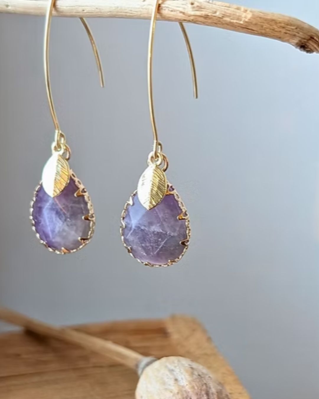 Boucles d'Oreilles Kate - Pendants en Acier Inoxydable Doré & Pierres Naturelles
