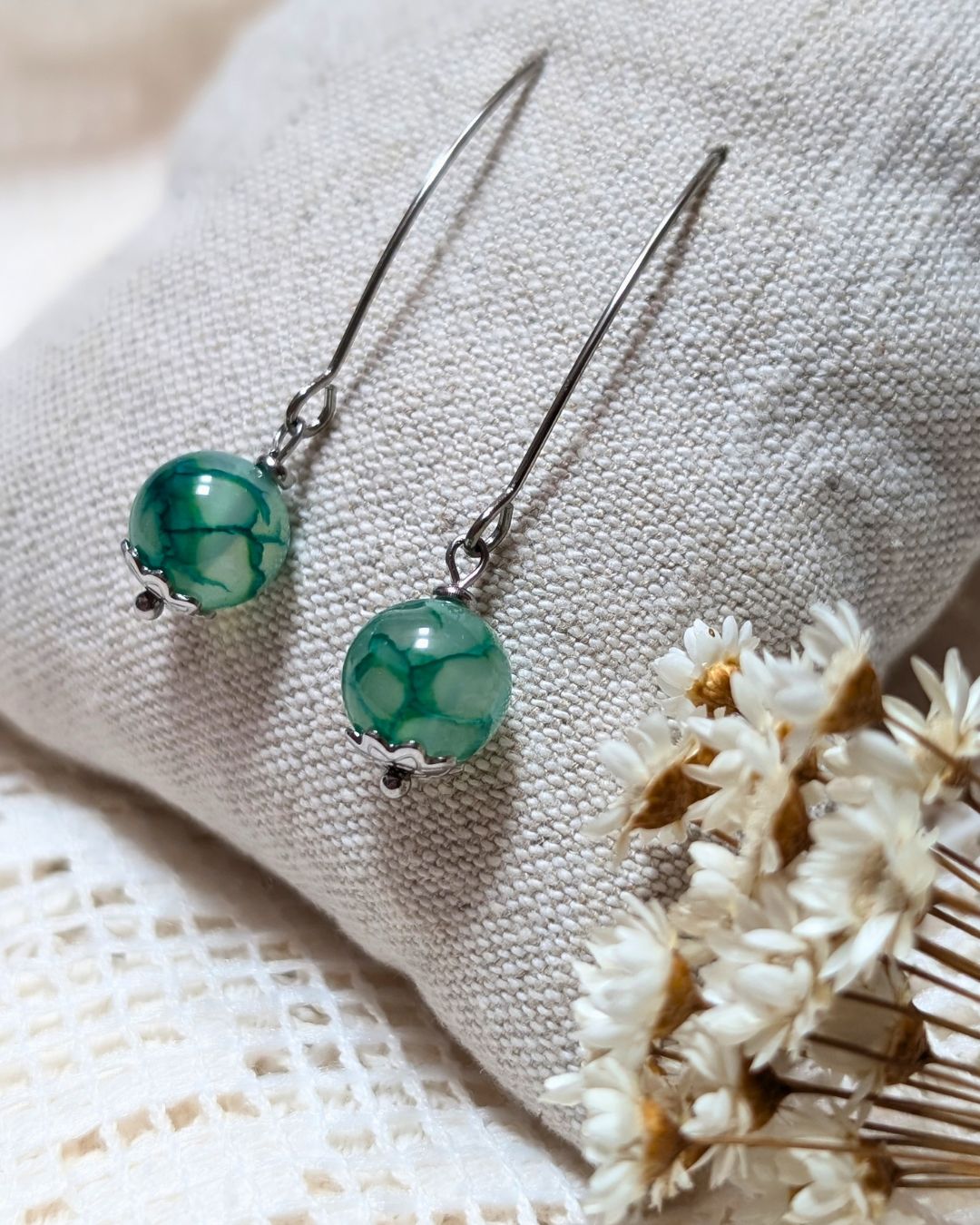 Boucles d'Oreilles Nuria - Pendant en Acier Inoxydable & Agate Veinée