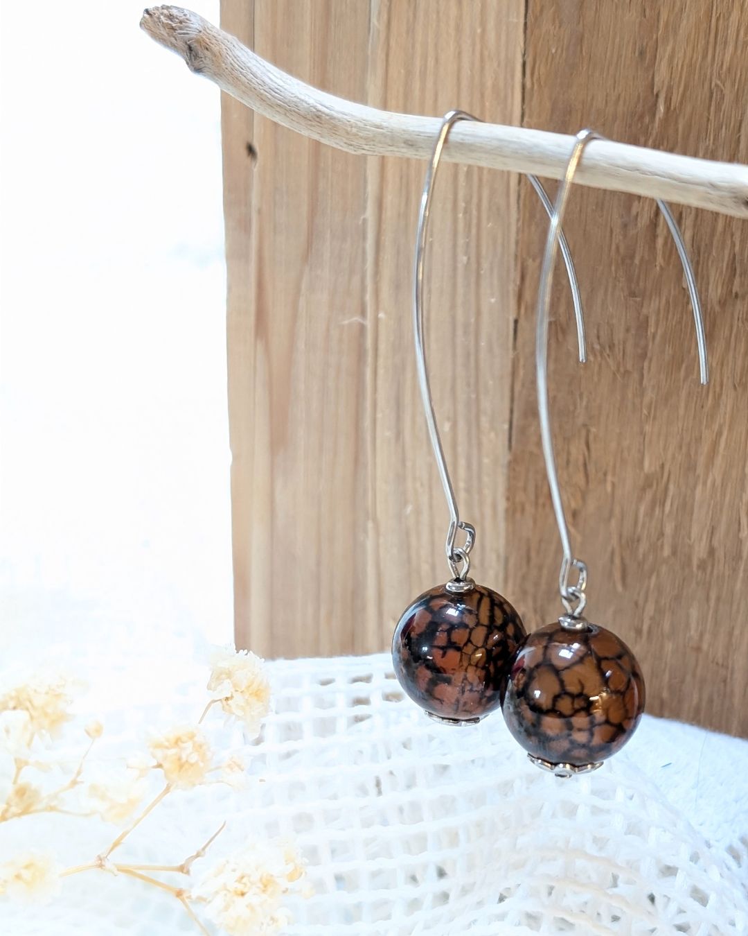 Boucles d'Oreilles Nuria - Pendant en Acier Inoxydable & Agate Veinée