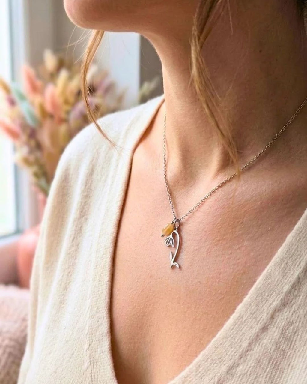 Collier Fleur de Naissance Janvier (Perce-Neige) — Acier Inoxydable