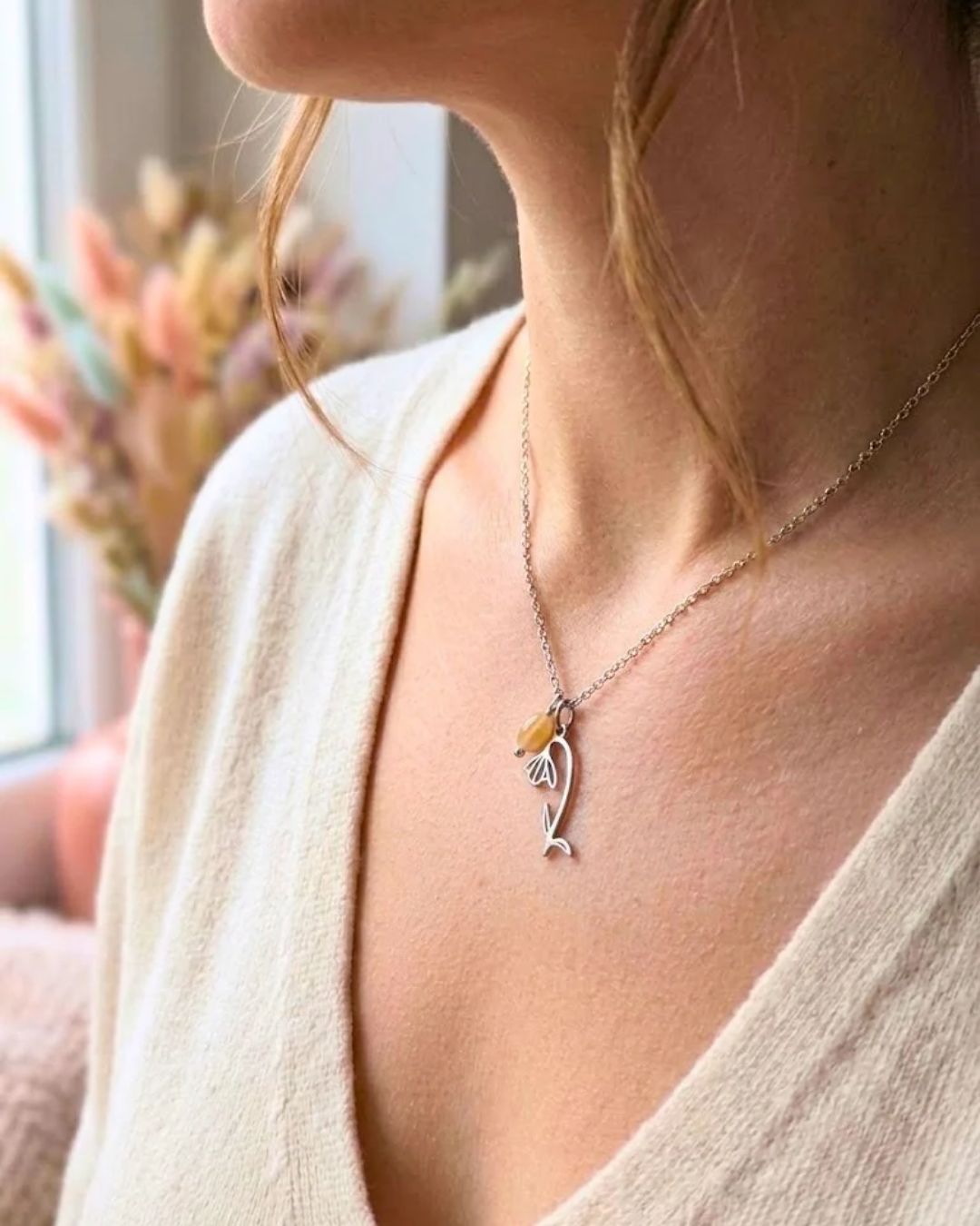Collier Fleur de Naissance Janvier (Perce-Neige) — Acier Inoxydable