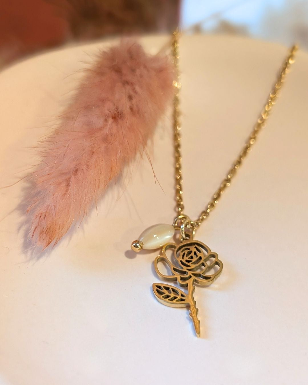 Collier Fleur de Naissance Juin (Rose) — Acier Inoxydable