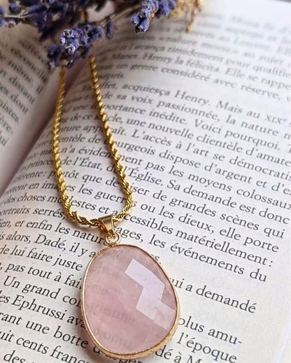 Collier Sautoir Pétunia — Pierre Naturelle &amp; Acier Inoxydable Doré