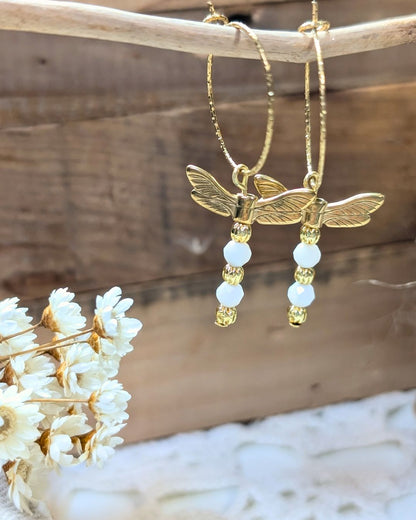 Créoles Freya — Pendentif Libellule &amp; Perles Facettées en Acier Inoxydable