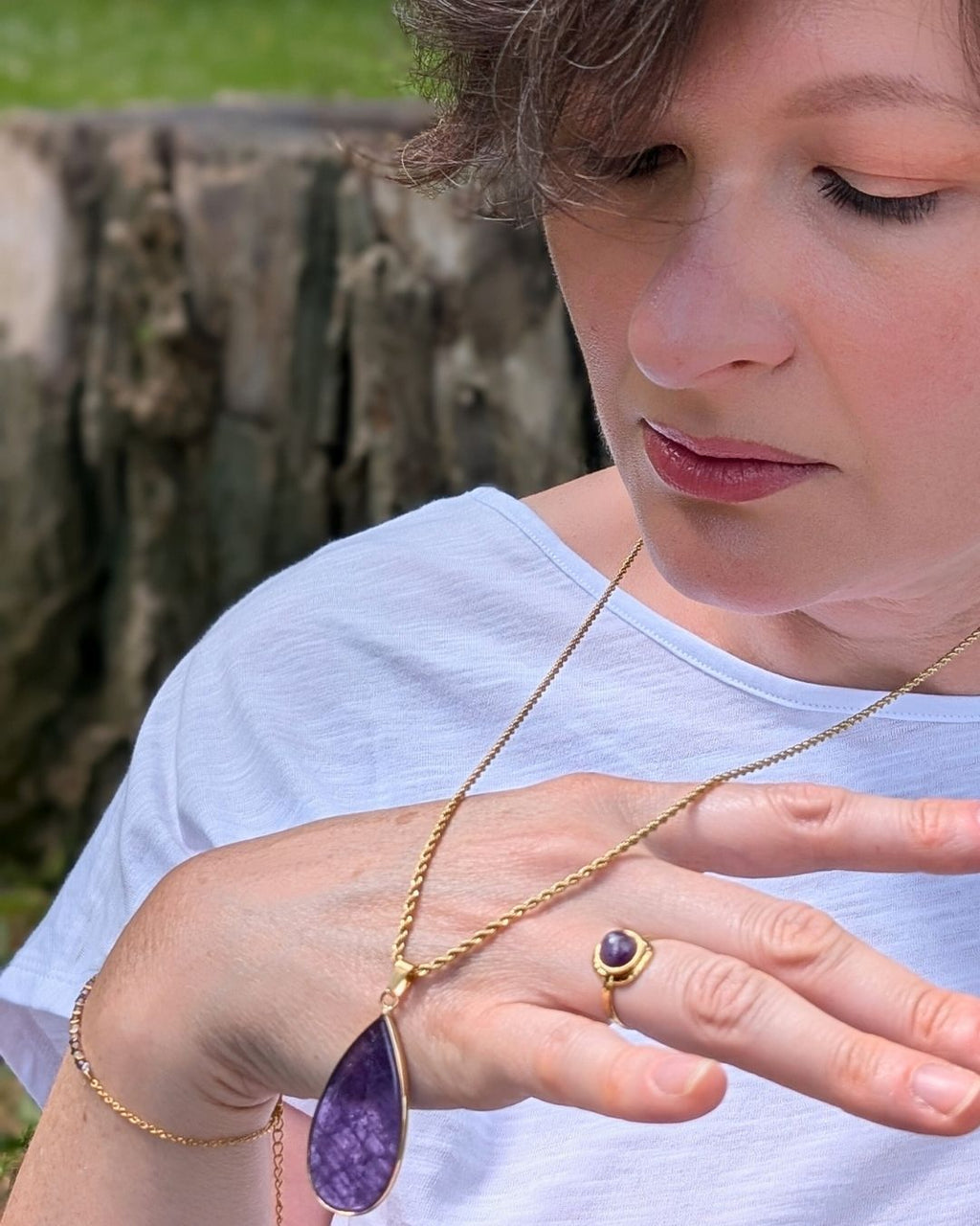Sautoir Edwige — Long Collier Pendentif Goutte en Pierre Naturelle et Acier Inoxydable Doré